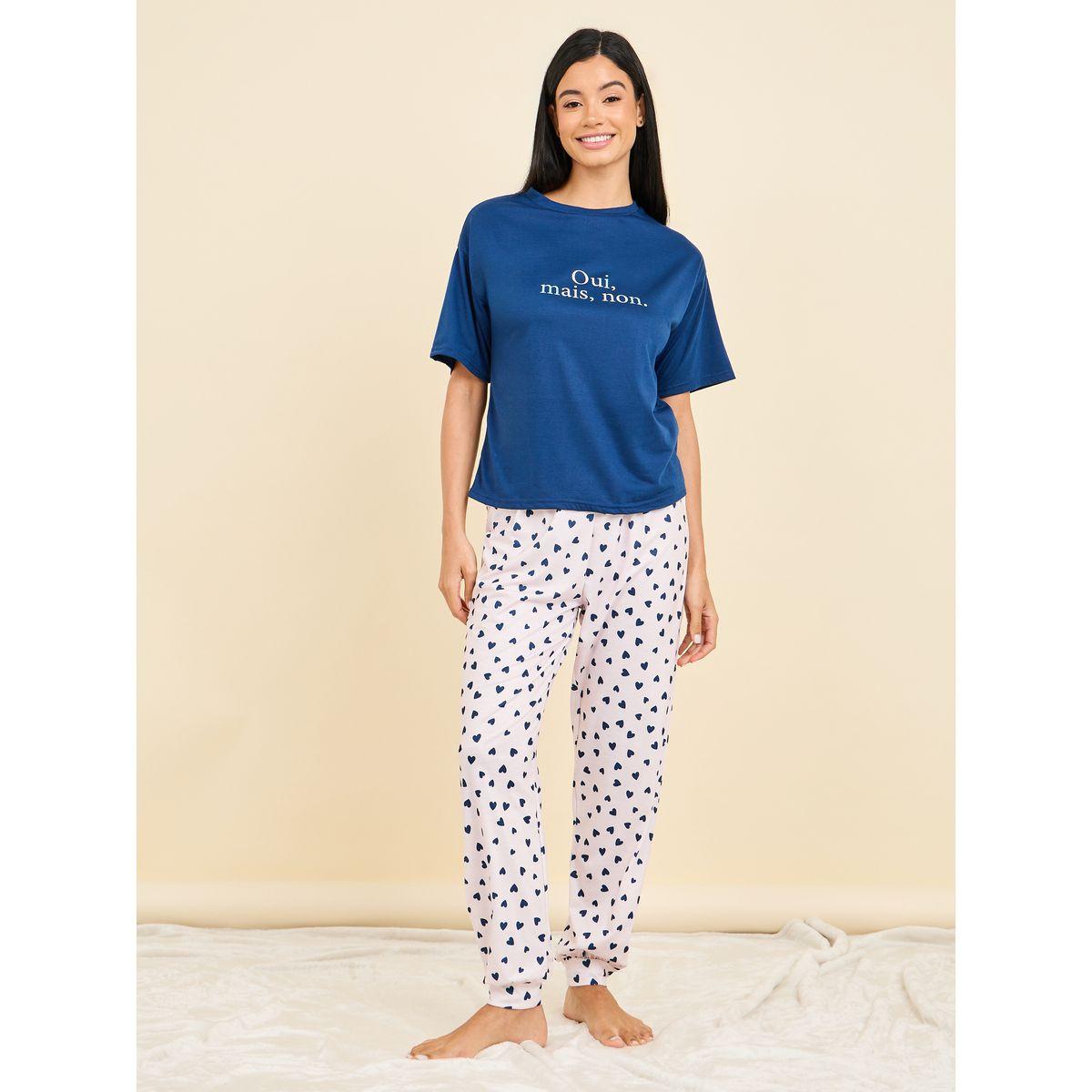 Styli Unwind French Slogan Print Drop Shoulder T-Shirt & AOP Pyjama Set-women-clothing-nightwear-pyjamas-longsets-image-2