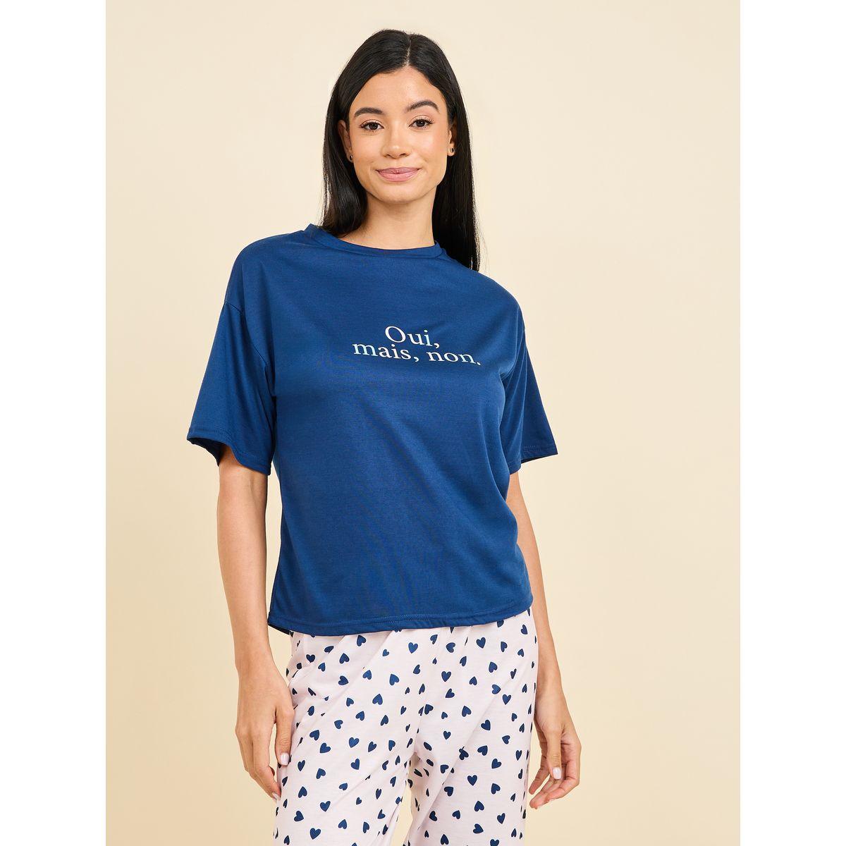 Styli Unwind French Slogan Print Drop Shoulder T-Shirt & AOP Pyjama Set-women-clothing-nightwear-pyjamas-longsets-image-3