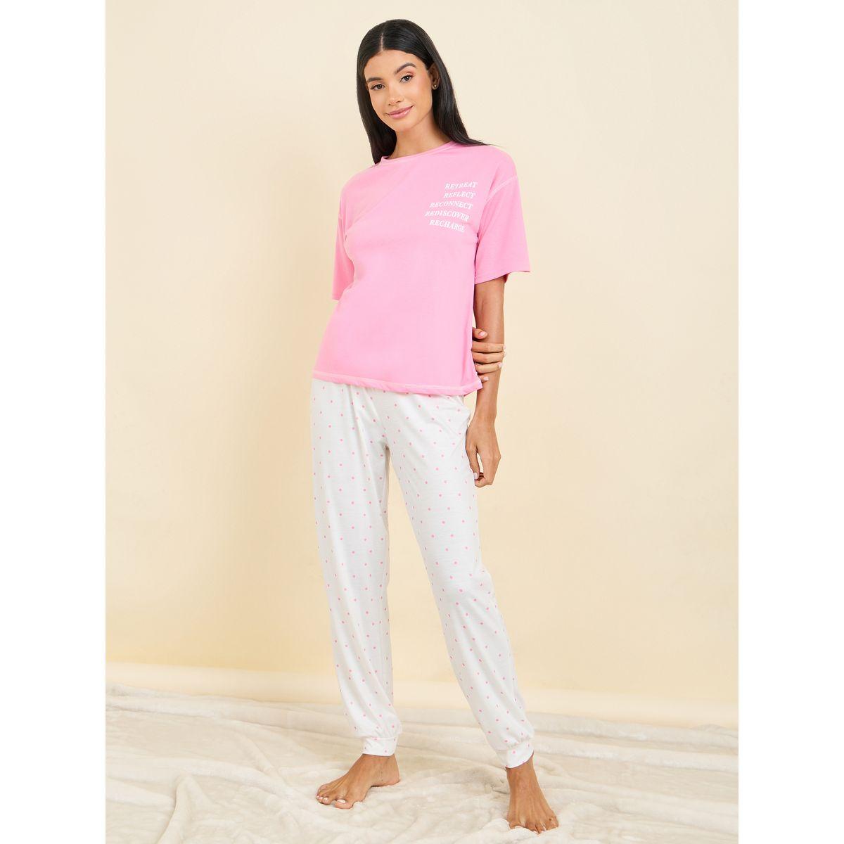 Styli Unwind Slogan Print Contrast Stitch Drop Shoulder T-shirt and Spot Cuff Pyjama Set-women-clothing-nightwear-pyjamas-longsets-image-1