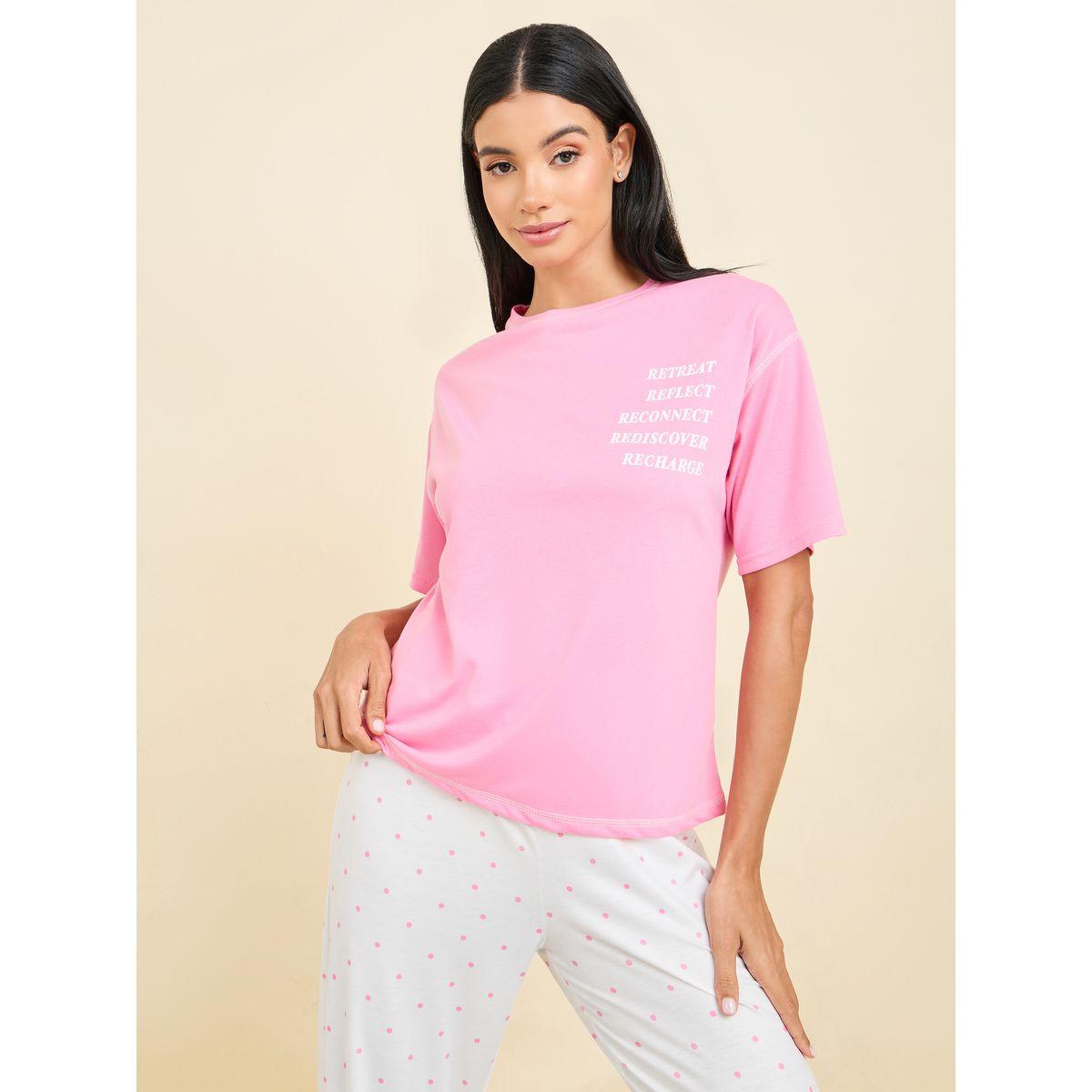 Styli Unwind Slogan Print Contrast Stitch Drop Shoulder T-shirt and Spot Cuff Pyjama Set-women-clothing-nightwear-pyjamas-longsets-image-2