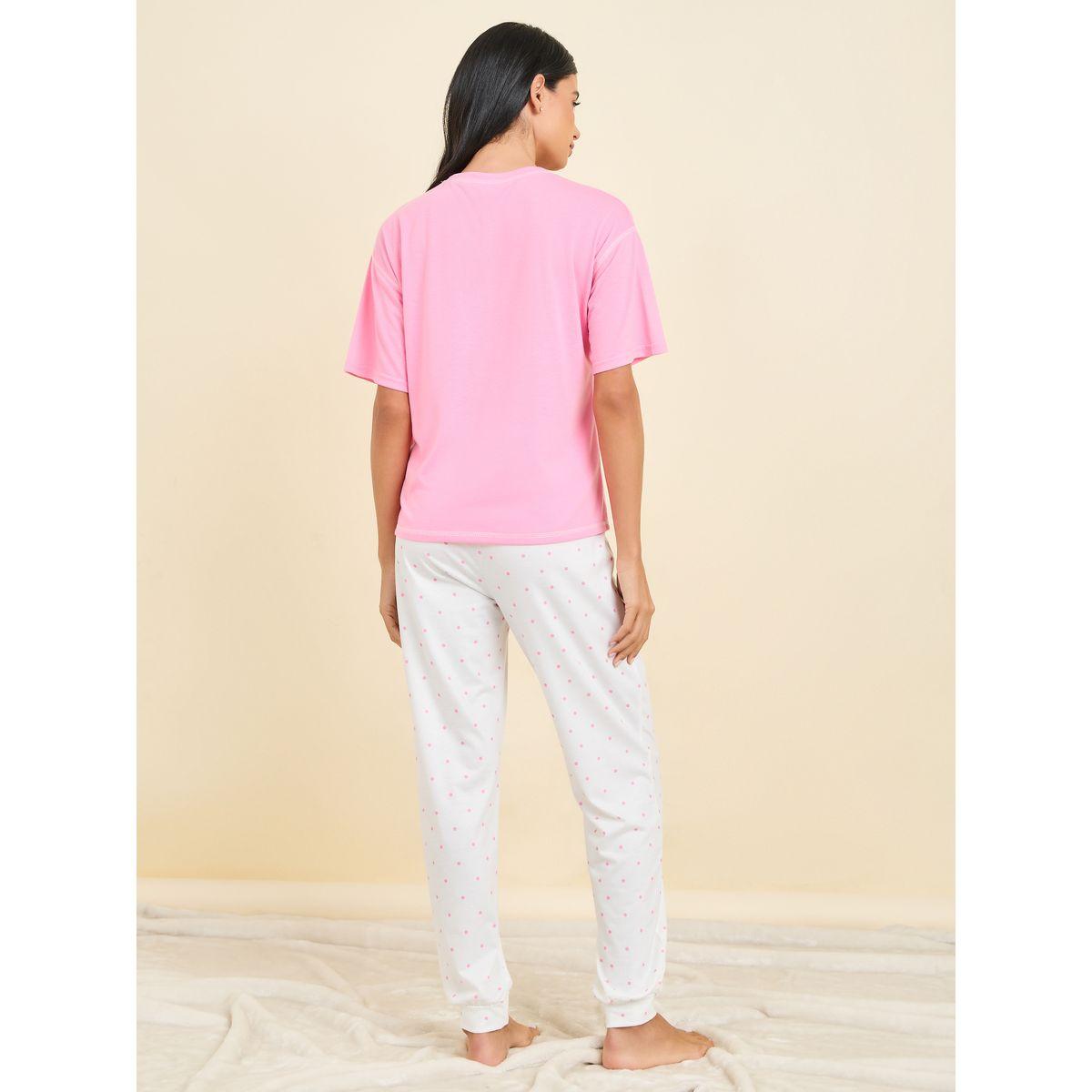 Styli Unwind Slogan Print Contrast Stitch Drop Shoulder T-shirt and Spot Cuff Pyjama Set-women-clothing-nightwear-pyjamas-longsets-image-6