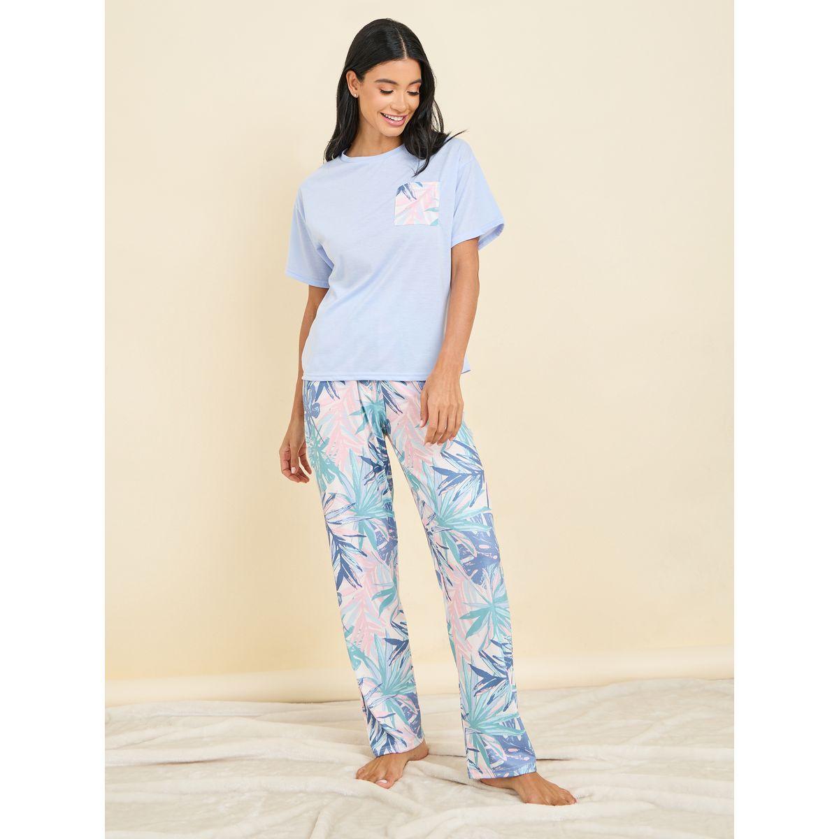 Styli Unwind Tropical Palm Pocket Print T-shirt and Pyjama Set-women-clothing-nightwear-pyjamas-longsets-image-2