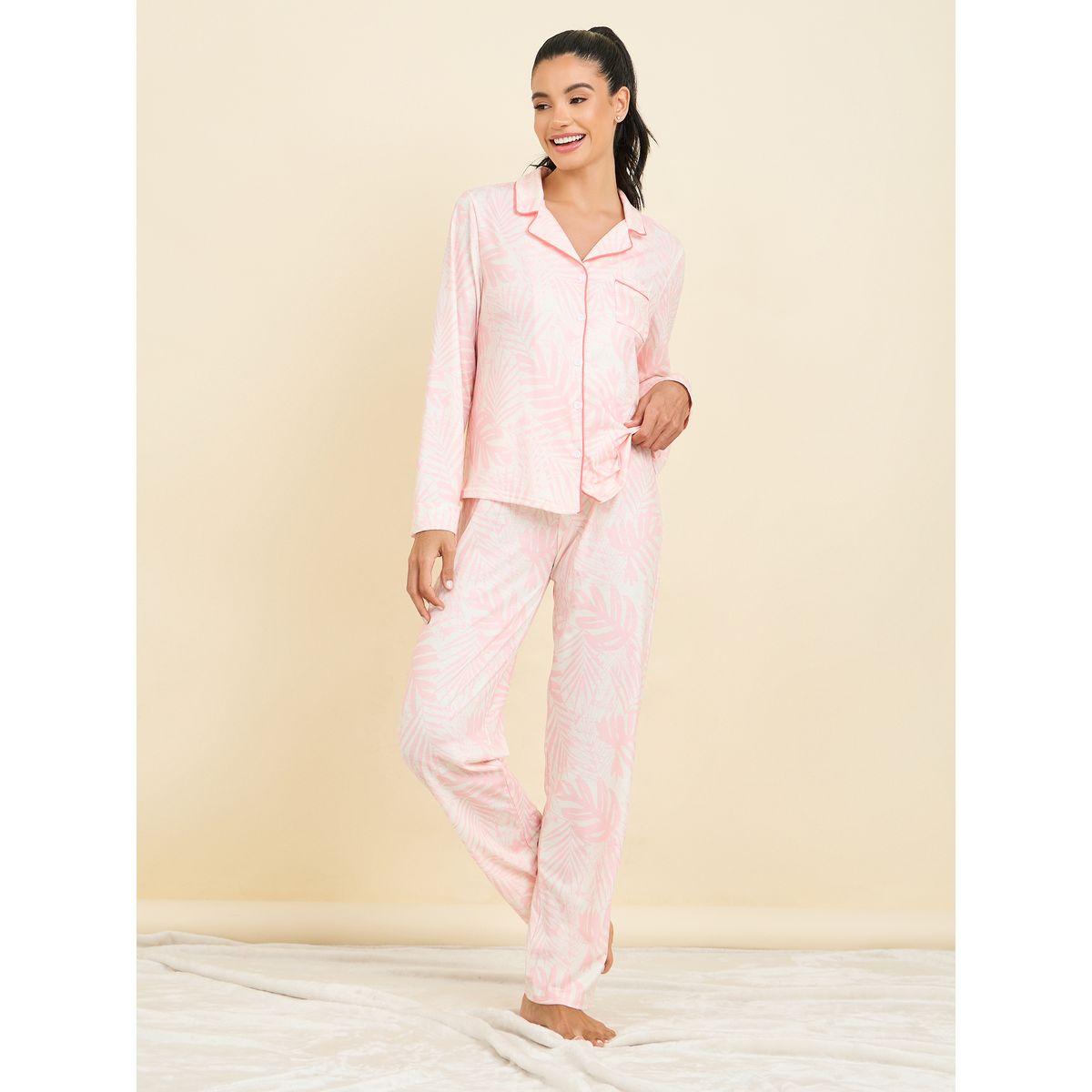 Styli Unwind Contrast Piped Palm Print Shirt and Pyjama Set-women-clothing-nightwear-pyjamas-longsets-image-1