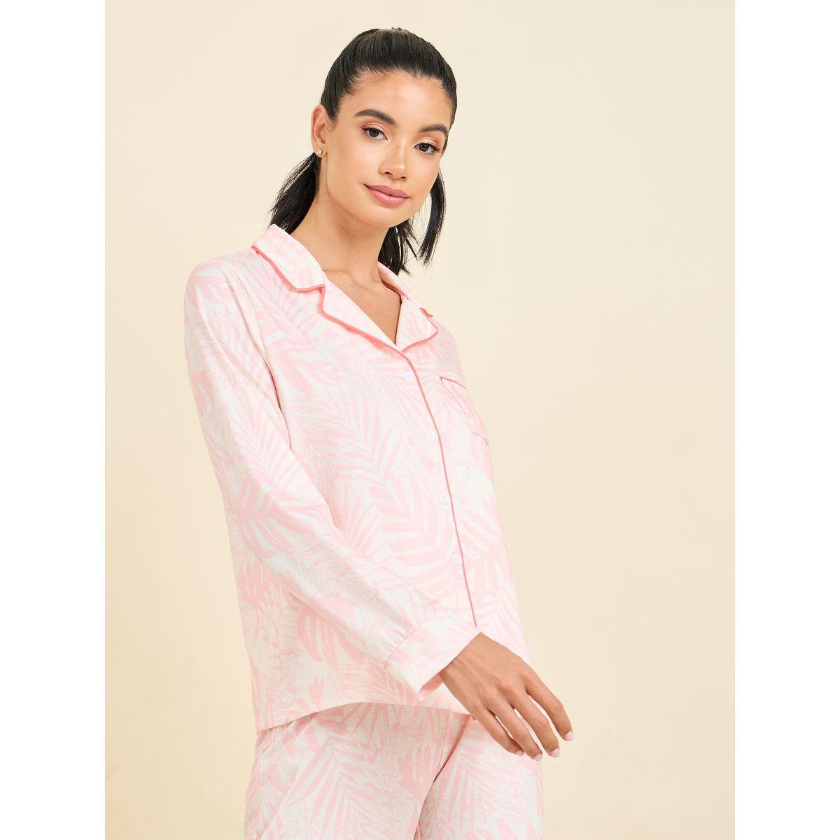 Styli Unwind Contrast Piped Palm Print Shirt and Pyjama Set-women-clothing-nightwear-pyjamas-longsets-image-2
