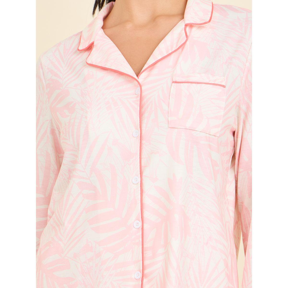 Styli Unwind Contrast Piped Palm Print Shirt and Pyjama Set-women-clothing-nightwear-pyjamas-longsets-image-3