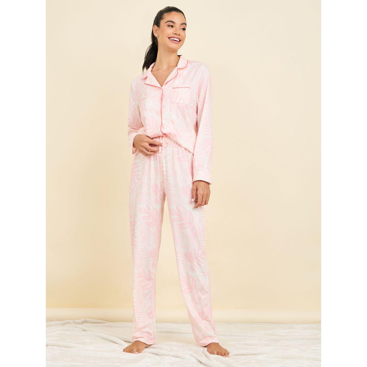 Styli Unwind Contrast Piped Palm Print Shirt and Pyjama Set-women-clothing-nightwear-pyjamas-longsets-image-4