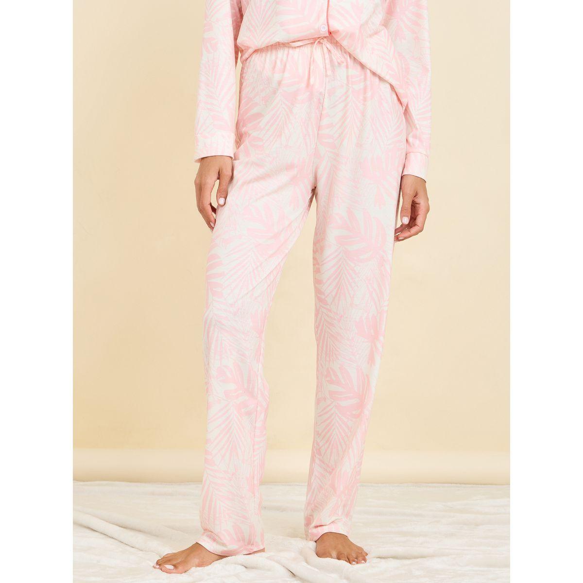 Styli Unwind Contrast Piped Palm Print Shirt and Pyjama Set-women-clothing-nightwear-pyjamas-longsets-image-5