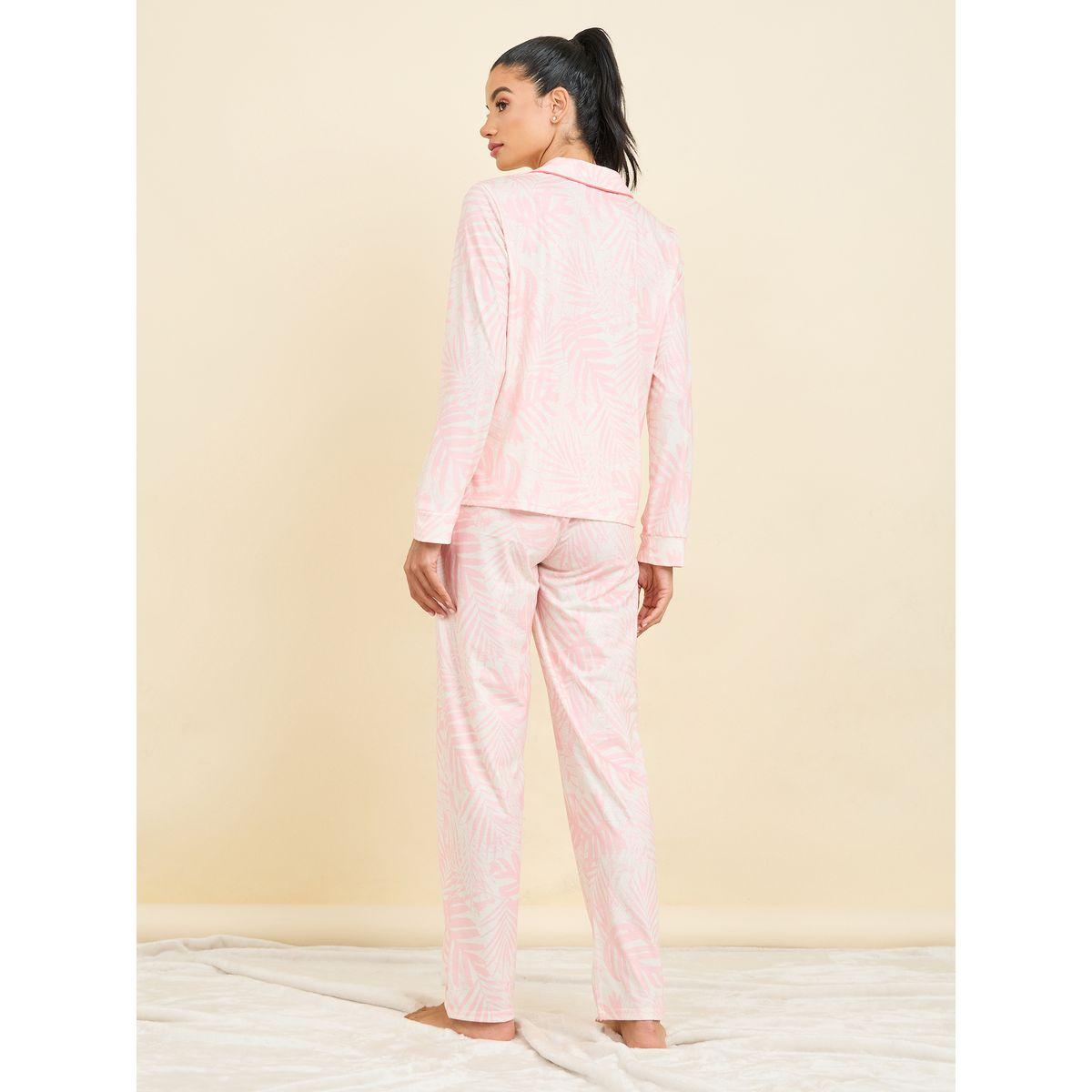 Styli Unwind Contrast Piped Palm Print Shirt and Pyjama Set-women-clothing-nightwear-pyjamas-longsets-image-6