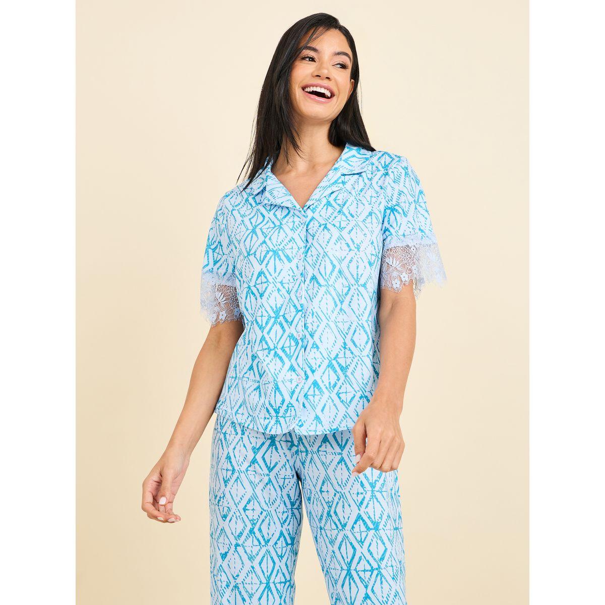 Styli Unwind Geo Print Lace Trim Shirt and Pyjama Set-women-clothing-nightwear-pyjamas-longsets-image-2