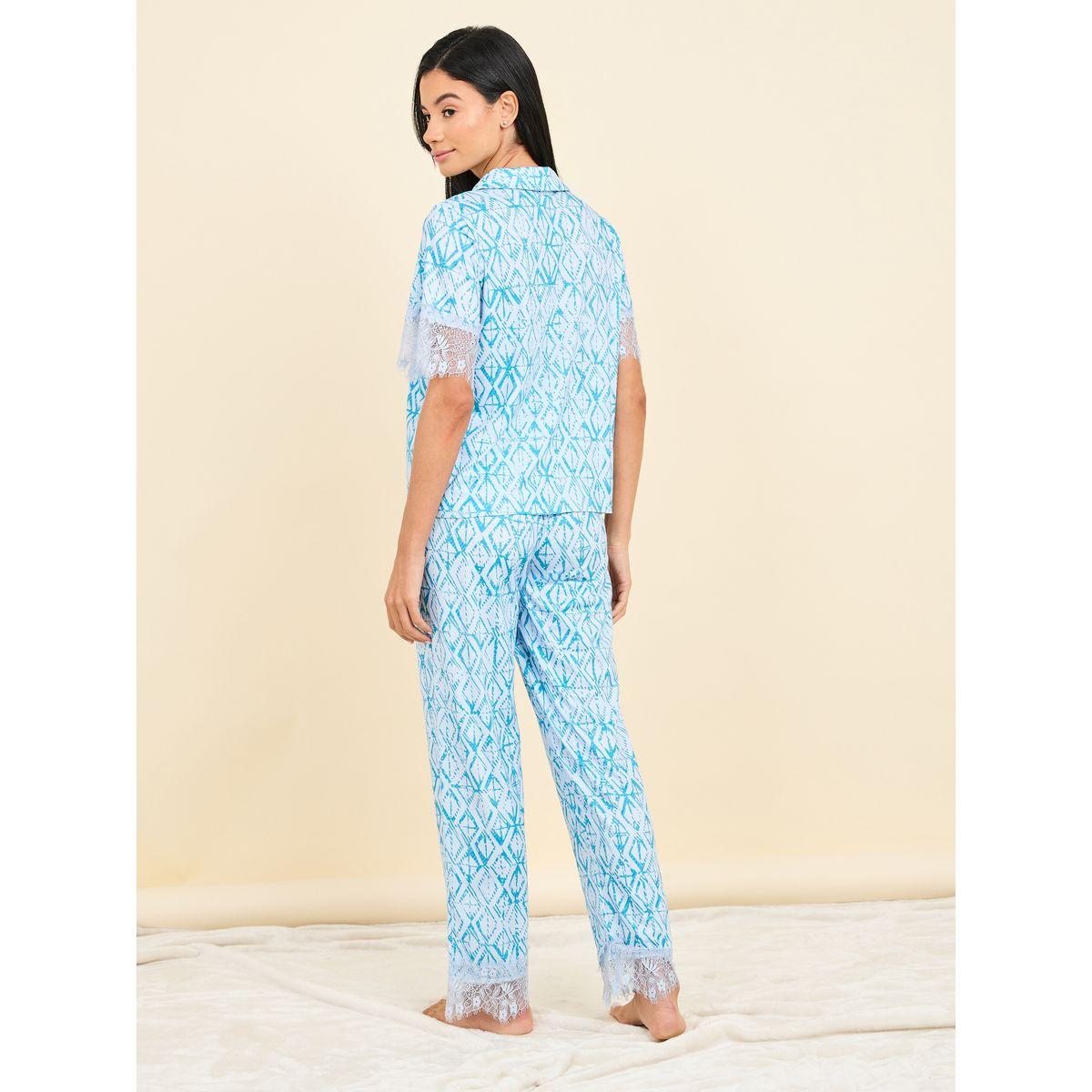 Styli Unwind Geo Print Lace Trim Shirt and Pyjama Set-women-clothing-nightwear-pyjamas-longsets-image-5