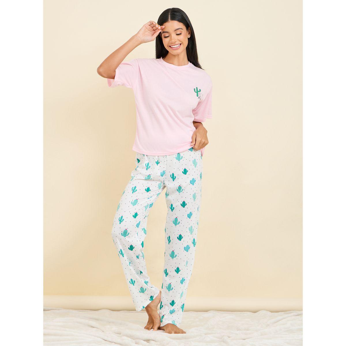 Styli Unwind Cactus Print T-shirt and Pyjama Set-women-clothing-nightwear-pyjamas-longsets-image-1