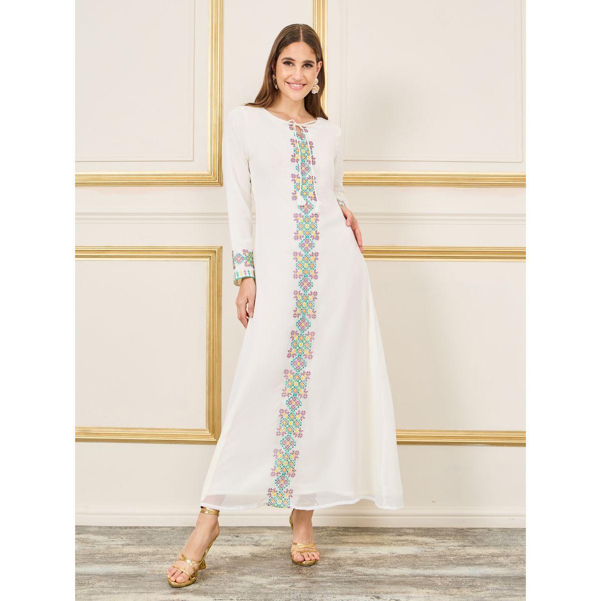 فستان طويل بحافة واسعة وياقة بأربطة-women-clothing-dresses-image-1