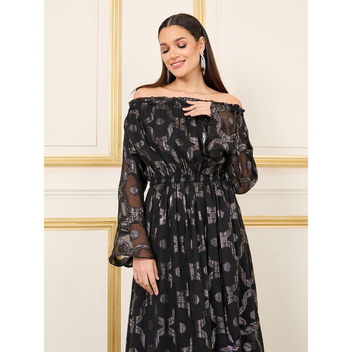 Styli Foil Print Gathered Detail High Neck A Line Maxi Dress-women-clothing-dresses-image-2