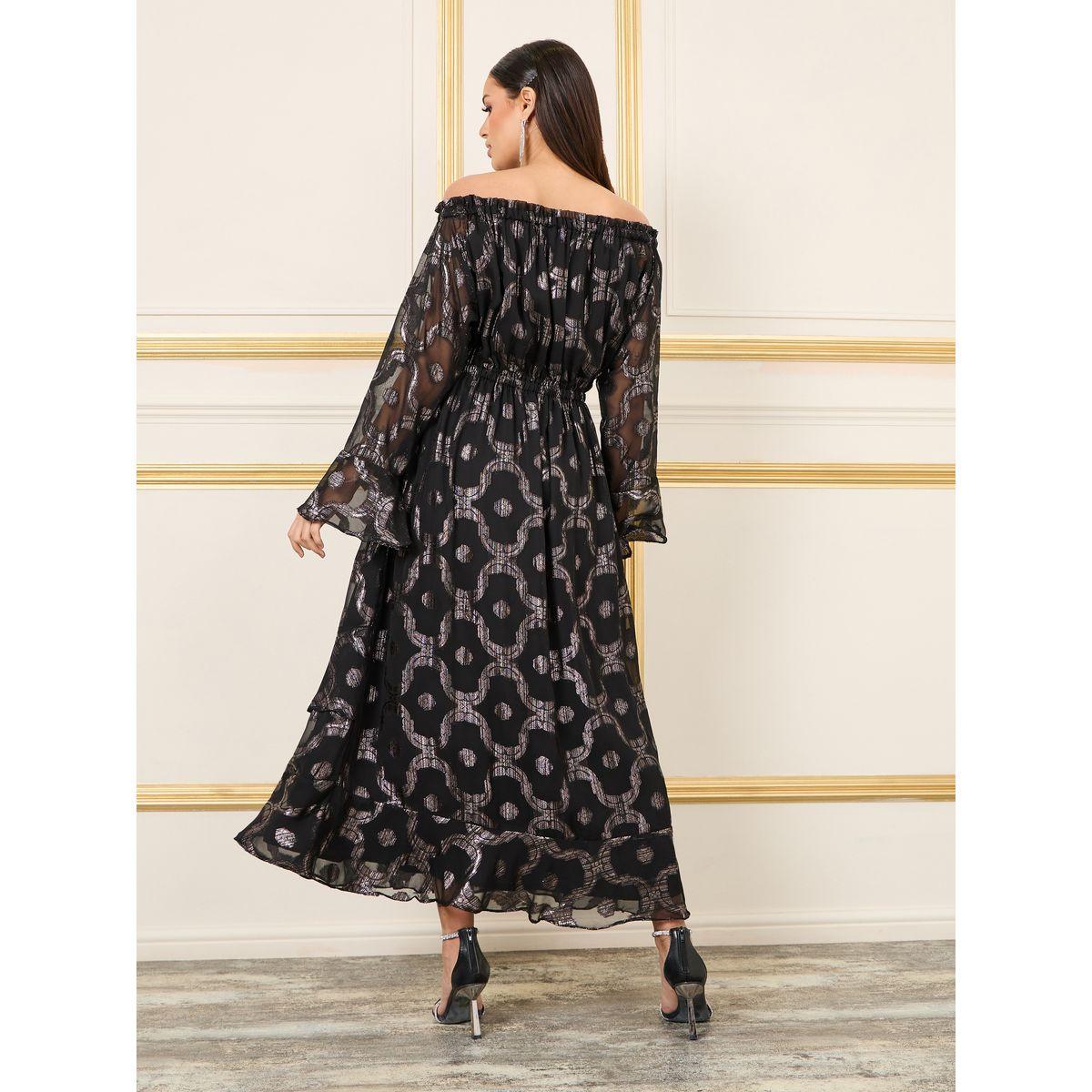 فستان طويل بياقة عالية وطبعة فويل-women-clothing-dresses-image-4