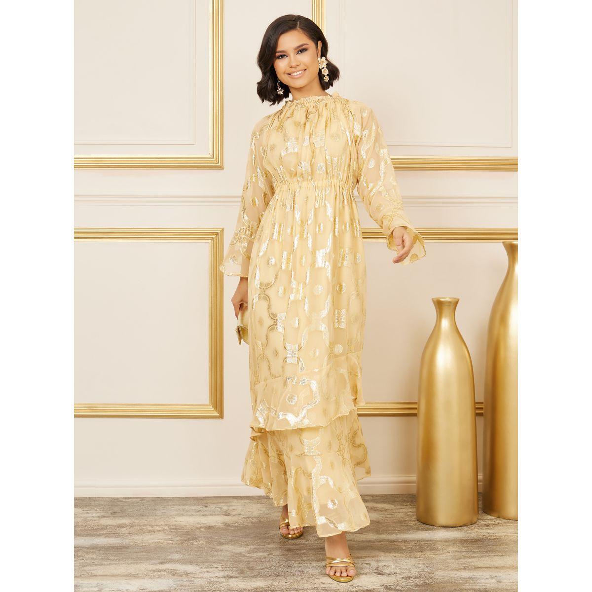 Styli Foil Print Gathered Detail High Neck A Line Maxi Dress-women-clothing-dresses-image-1