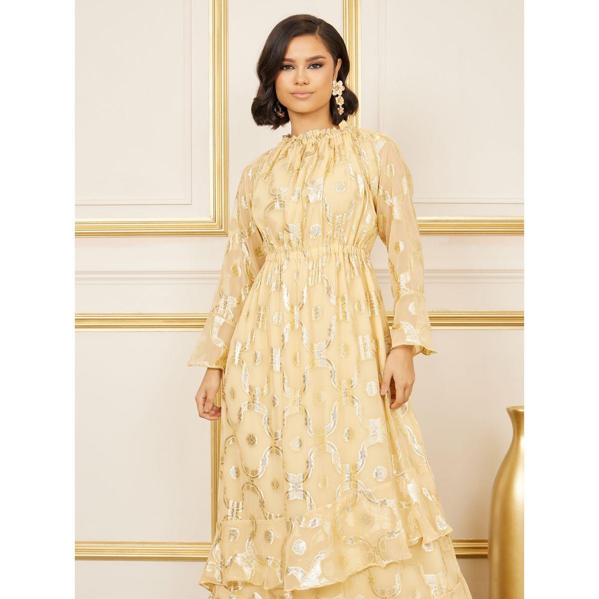 Styli Foil Print Gathered Detail High Neck A Line Maxi Dress-women-clothing-dresses-image-2