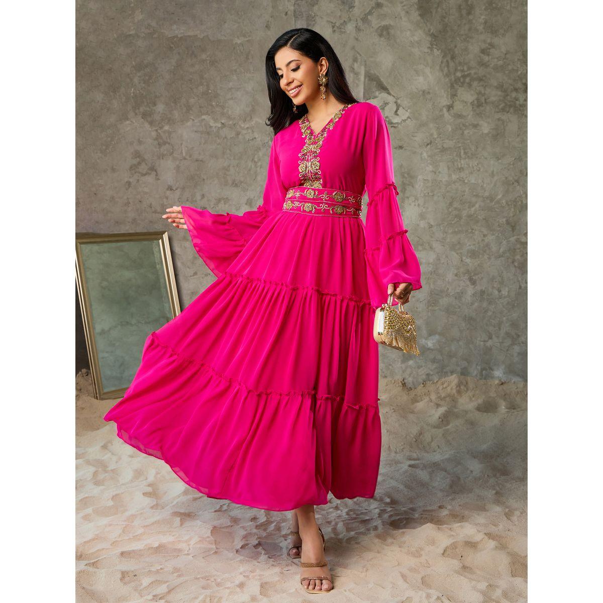 فستان طويل بكسرات واكمام فلوت-women-clothing-dresses-image-1