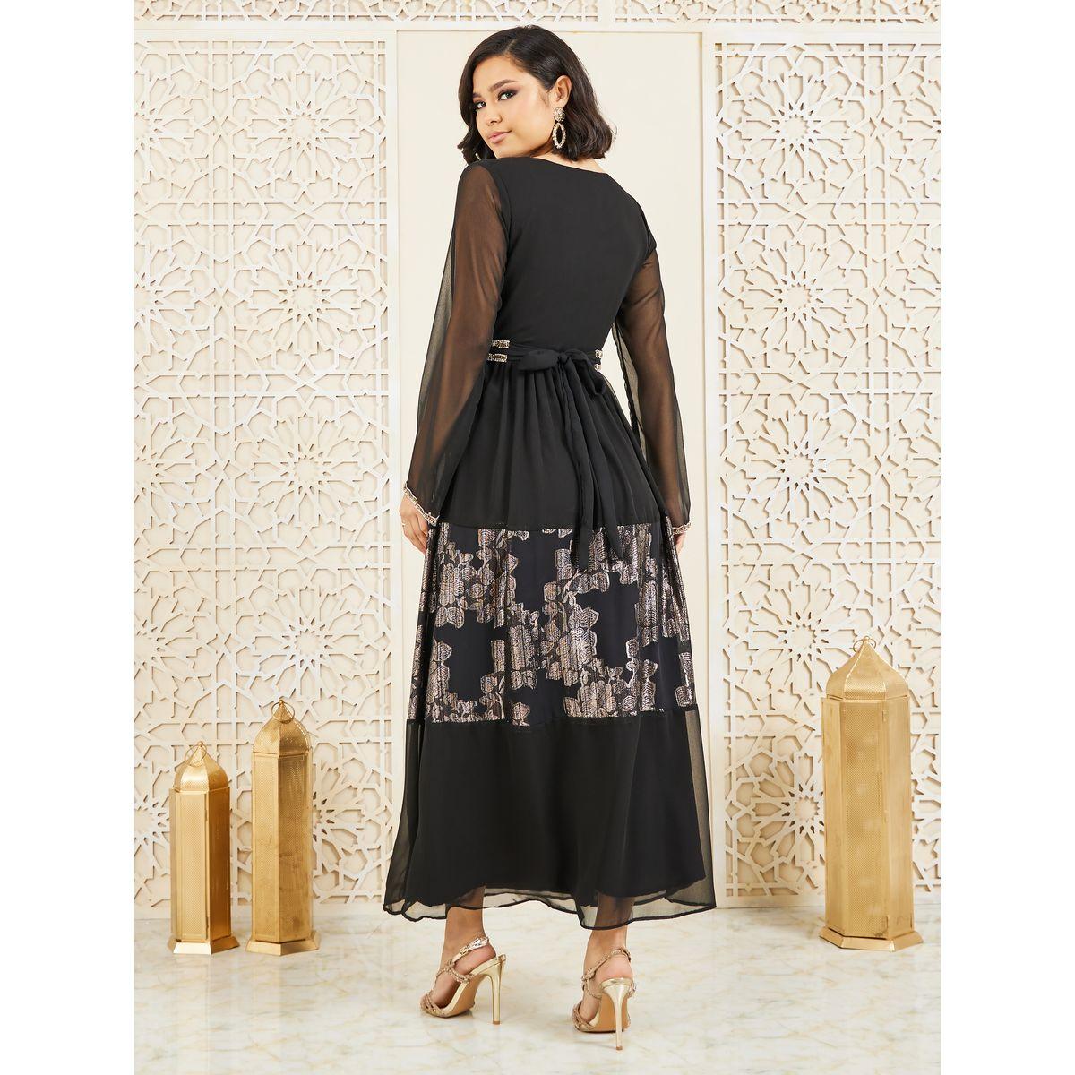 فستان طويل بطبعة فويل مع كسرات ودانتيل-women-clothing-dresses-image-4
