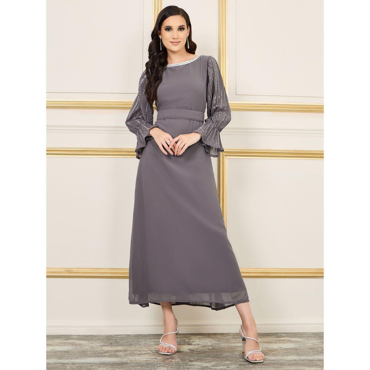 فستان طويل بتفاصيل دانتيل مع اكمام بكشكش-women-clothing-dresses-image-1