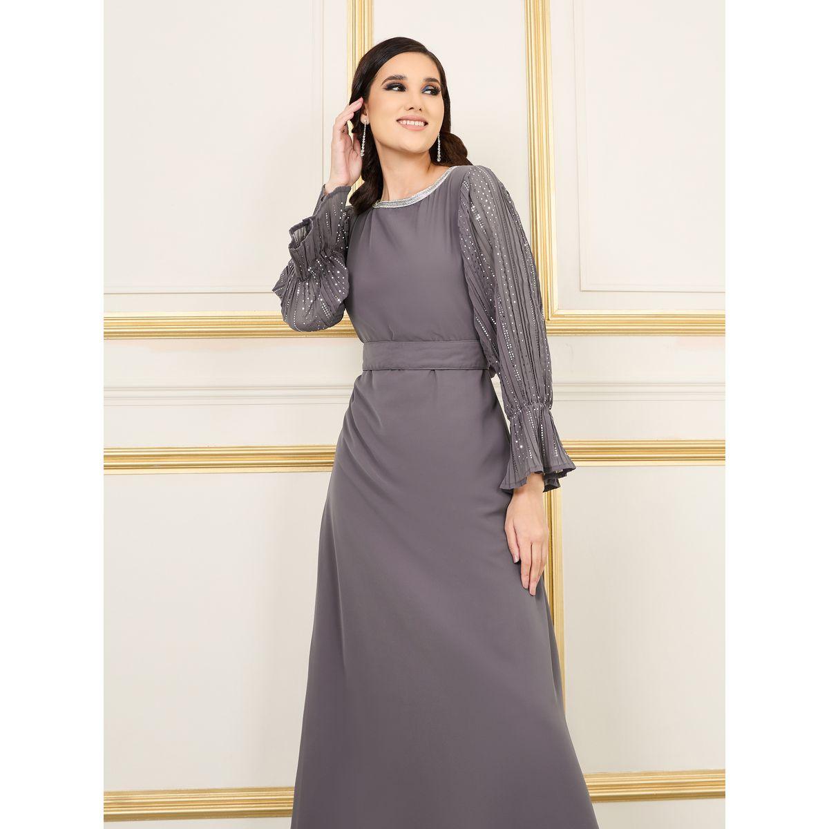 Styli Embellished Sleeves Lace Trim Neck A-Line Maxi Dress-women-clothing-dresses-image-2
