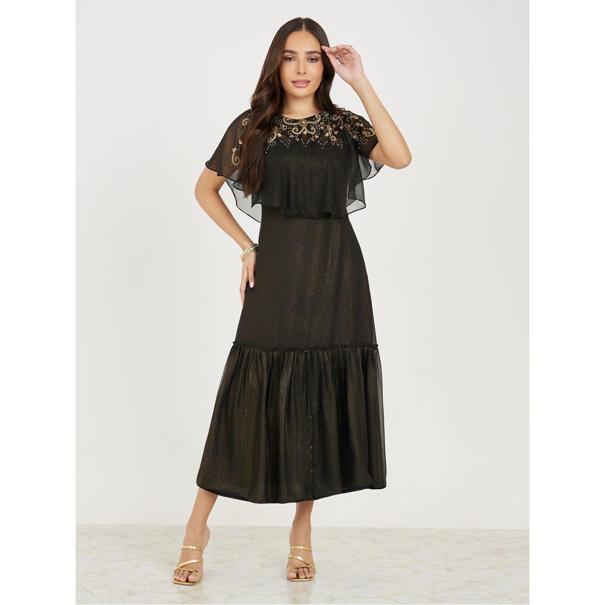 Styli Beaded Embellished Cape Style A-Line Midi Dress-women-clothing-dresses-image-1
