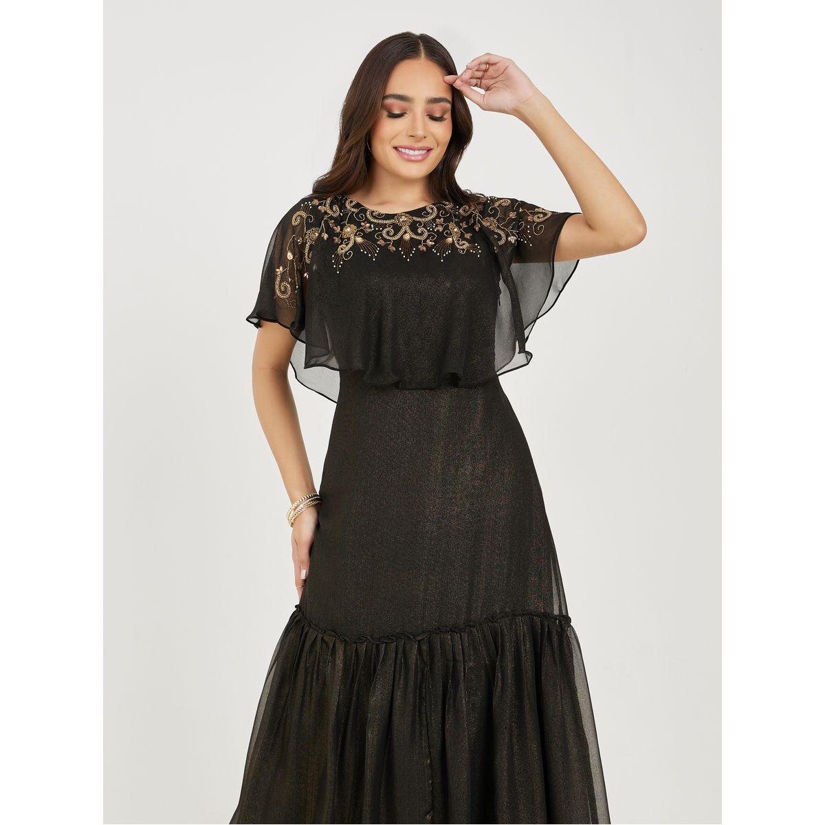 Styli Beaded Embellished Cape Style A-Line Midi Dress-women-clothing-dresses-image-2