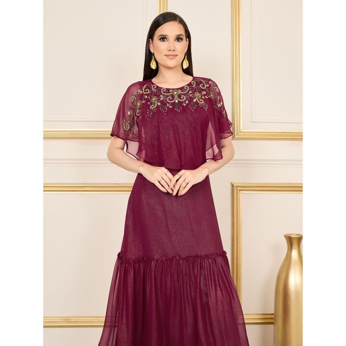 فستان ميدي بحافة واسعة واكمام كيب-women-clothing-dresses-image-2