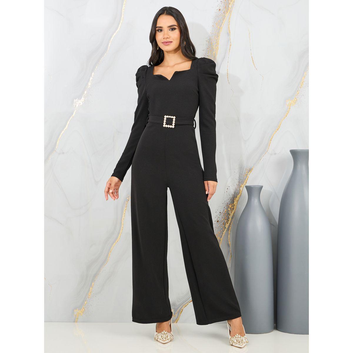 Styli Textured Knit Embellished Buckle Belted Jumpsuit-women-clothing-jumpsuits-image-1