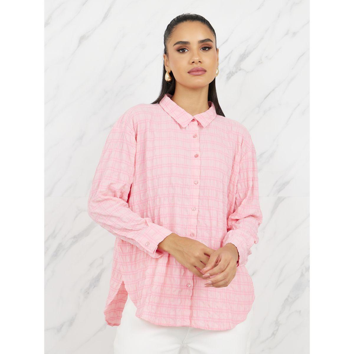 Styli Elevate Oversized Shirred Texture Curved Hem Longline Shirt-women-clothing-shirtsandblouses-shirts-image-1