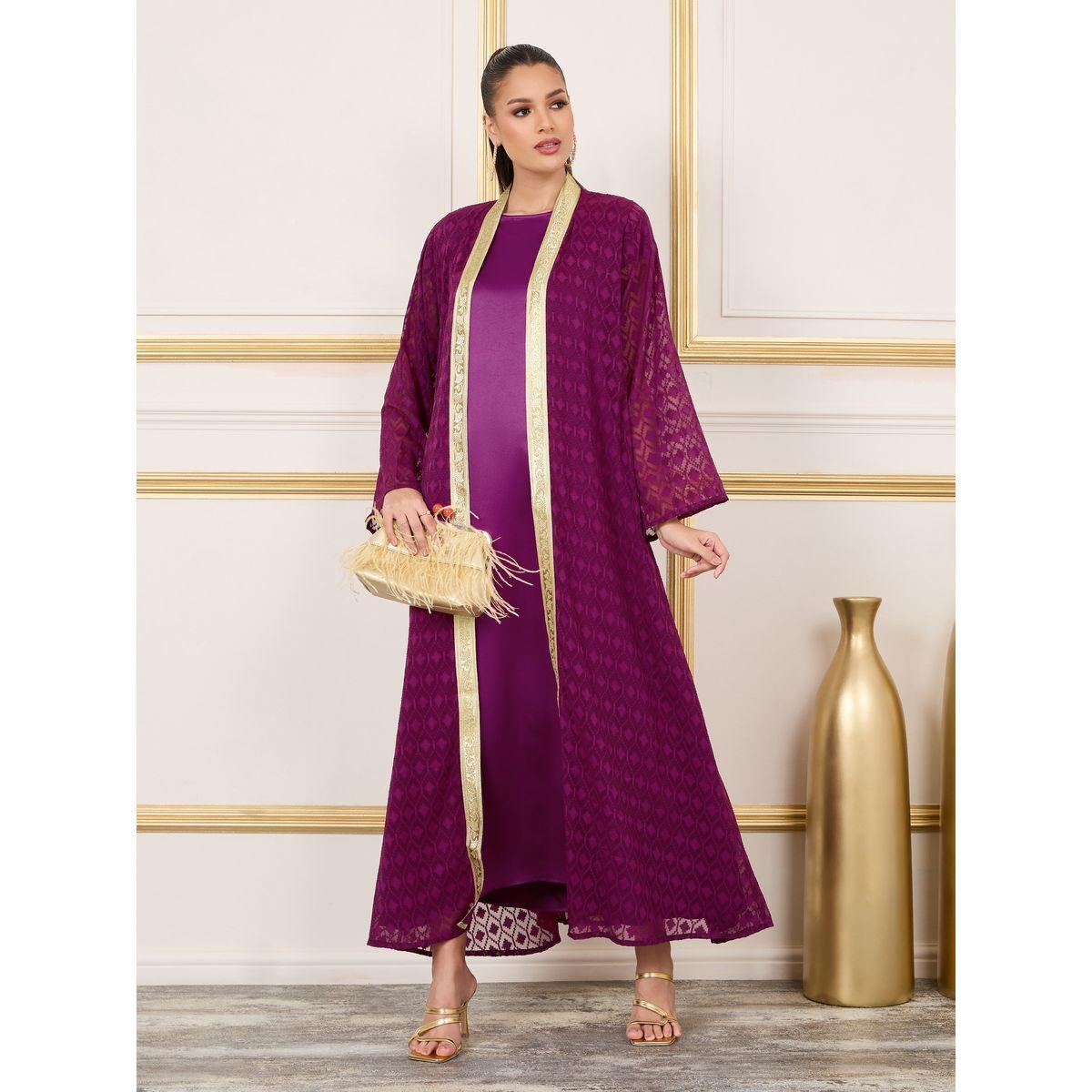 Styli Diamond Texture Dobby Abaya and Satin Inner Dress Set-women-arabicclothing-abayas-image-1