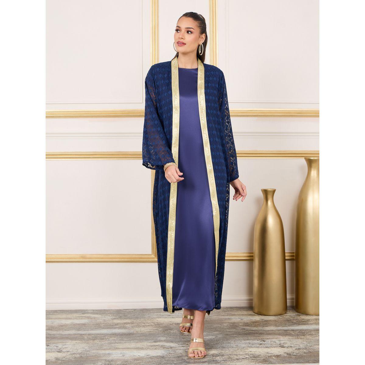 Styli Dobby Texture Lace Border Abaya and Satin Inner Dress Set-women-arabicclothing-abayas-image-1