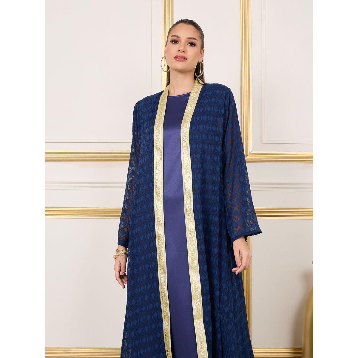 Styli Dobby Texture Lace Border Abaya and Satin Inner Dress Set-women-arabicclothing-abayas-image-2