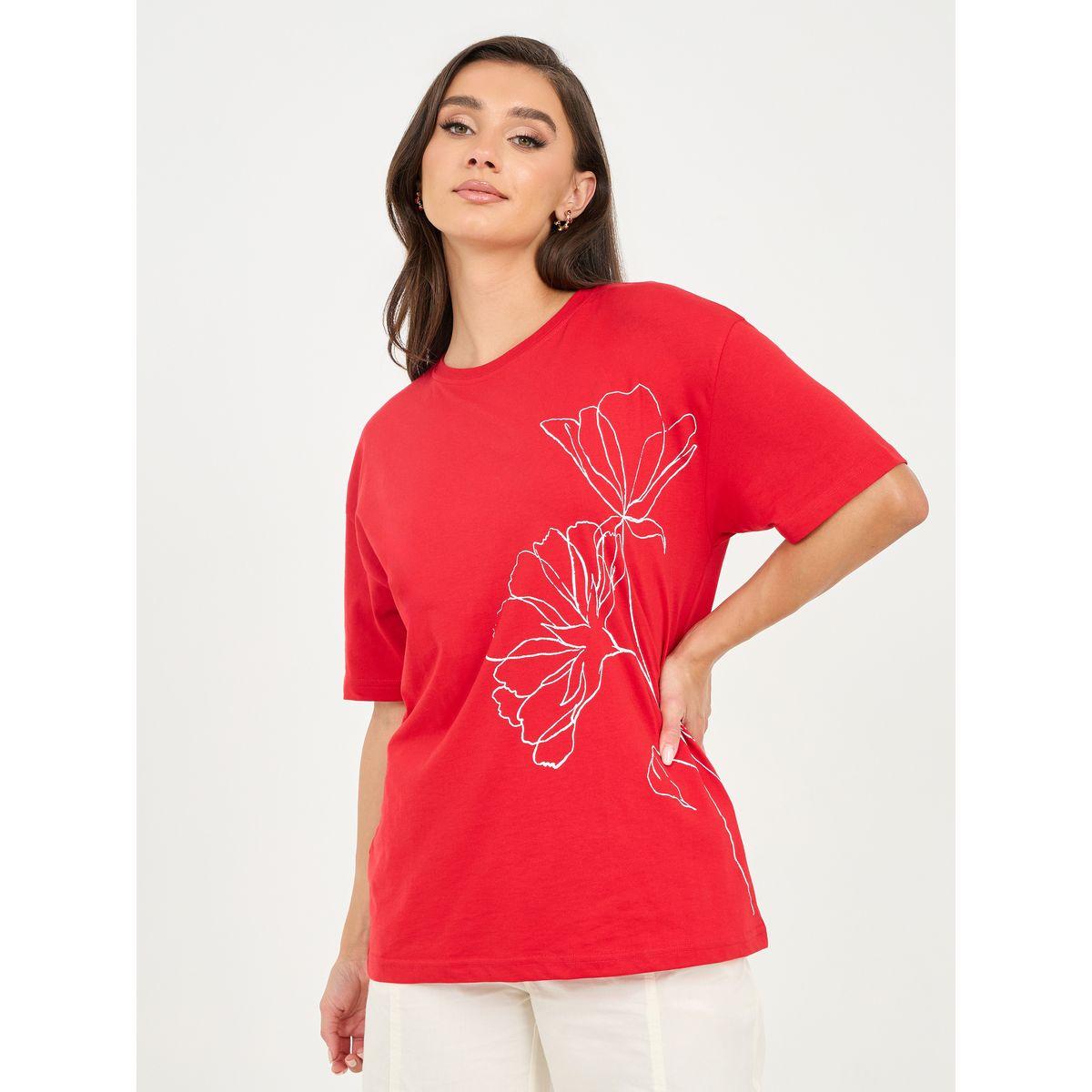 Styli Oversized Floral Placement Print Drop Shoulder T-Shirt-women-clothing-tshirts-image-1