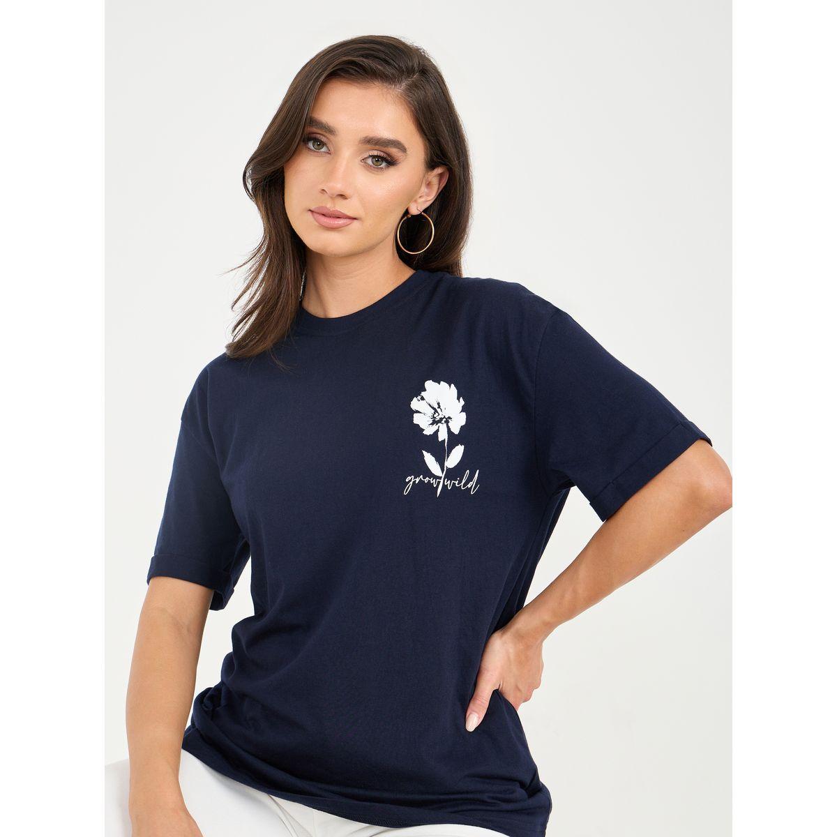 Styli Oversized Floral Placement Print T-Shirt with Roll Up Sleeves-women-clothing-tshirts-image-1