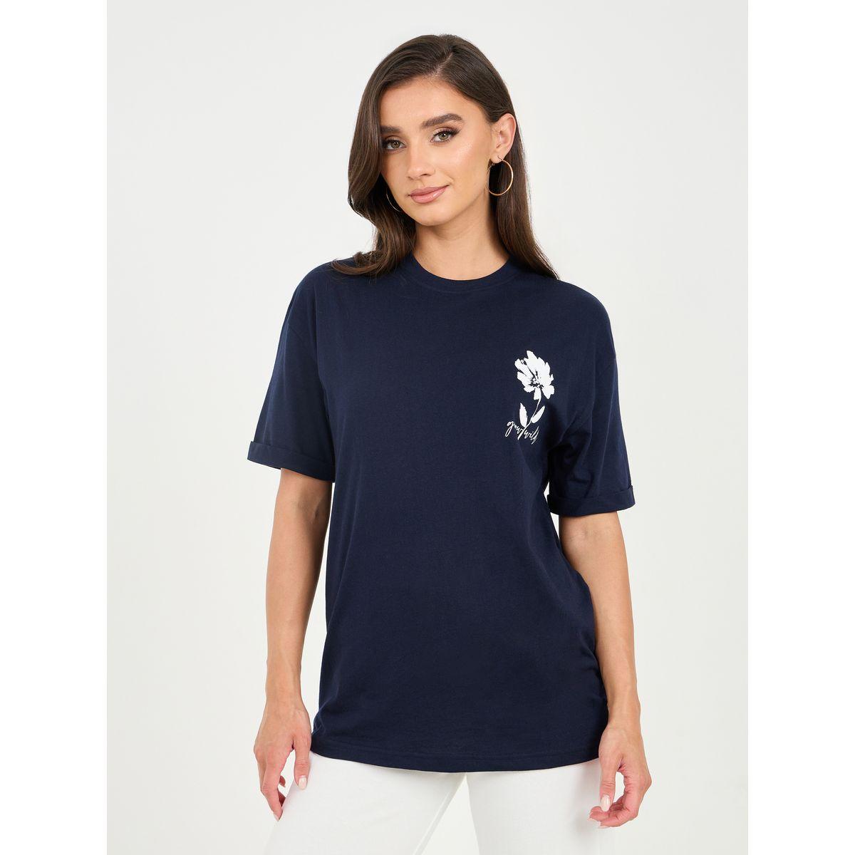 Styli Oversized Floral Placement Print T-Shirt with Roll Up Sleeves-women-clothing-tshirts-image-2