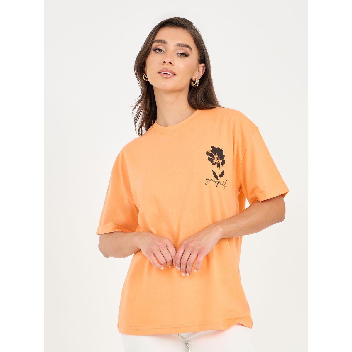 Styli Oversized Floral Placement Print T-Shirt with Roll Up Sleeves-women-clothing-tshirts-image-1