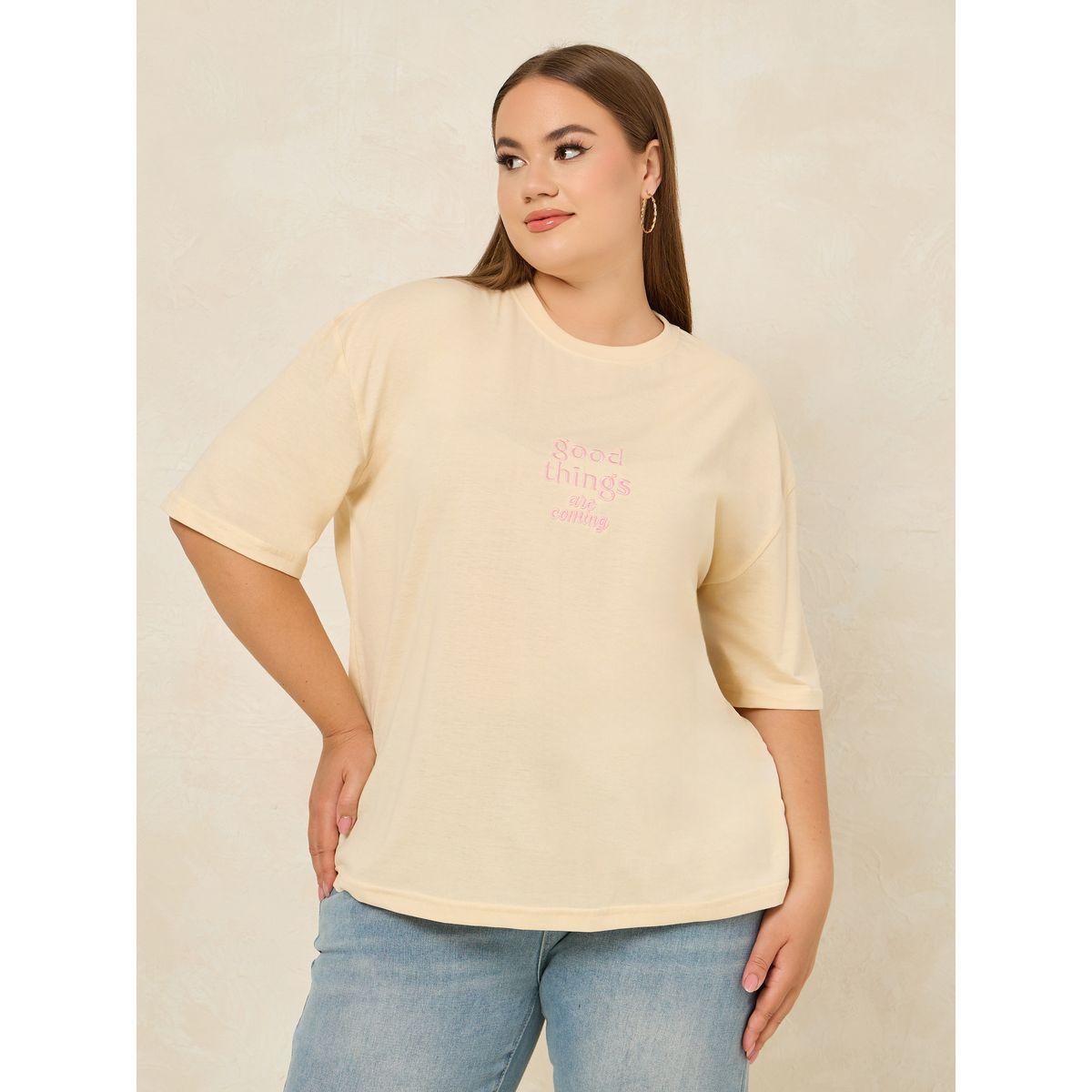 Styli Plus Good Things Slogan Round Neck Oversized T-Shirt-women-clothing-tshirts-image-1