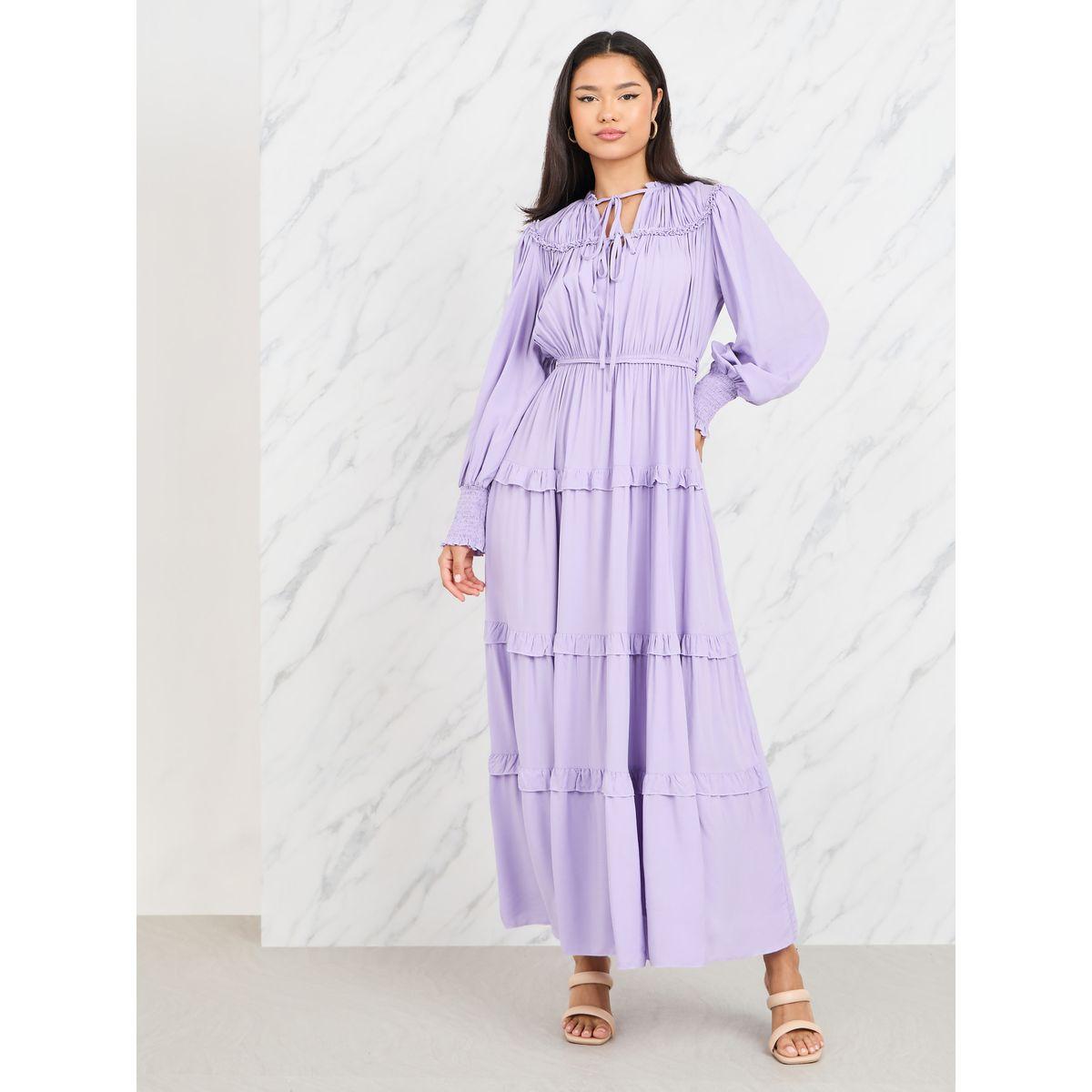 Styli Smocked Cuff Sleeves Ruffle Detail Tiered Maxi Dress-women-clothing-dresses-image-1