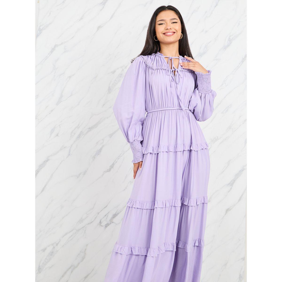 فستان طويل بكسرات وتفاصيل كشكش-women-clothing-dresses-image-2