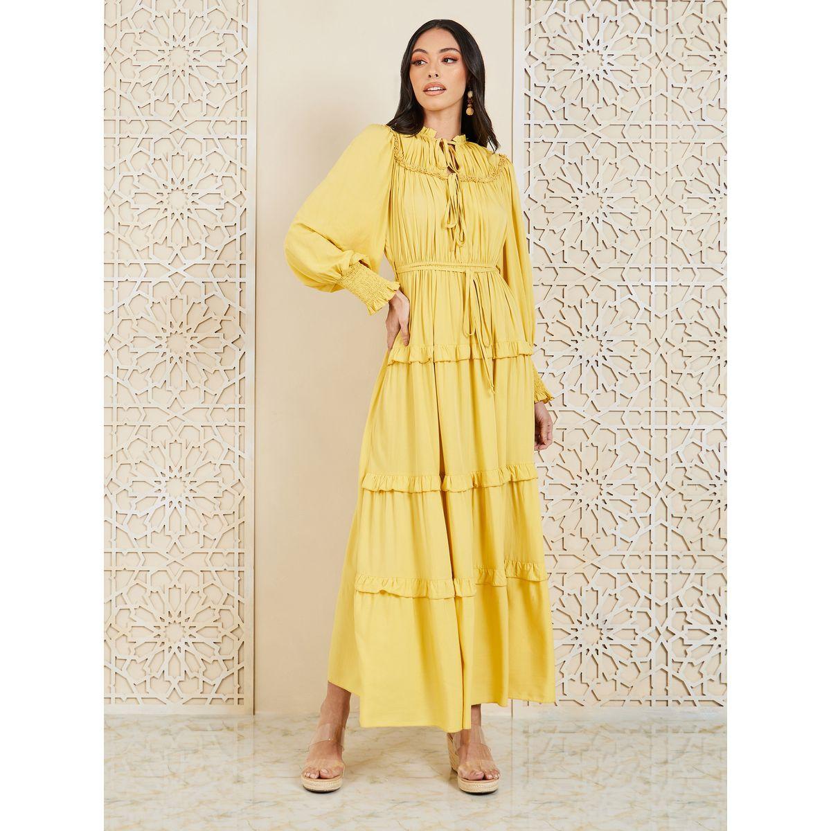 فستان طويل بكسرات وياقة بأربطة-women-clothing-dresses-image-1