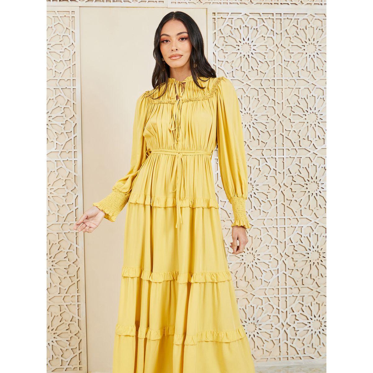 فستان طويل بكسرات وياقة بأربطة-women-clothing-dresses-image-2