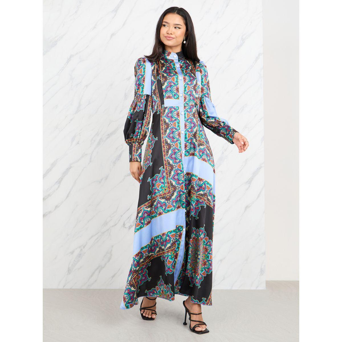 فستان طويل ساتان مطبع بطبعة بوهيمية-women-clothing-dresses-image-1