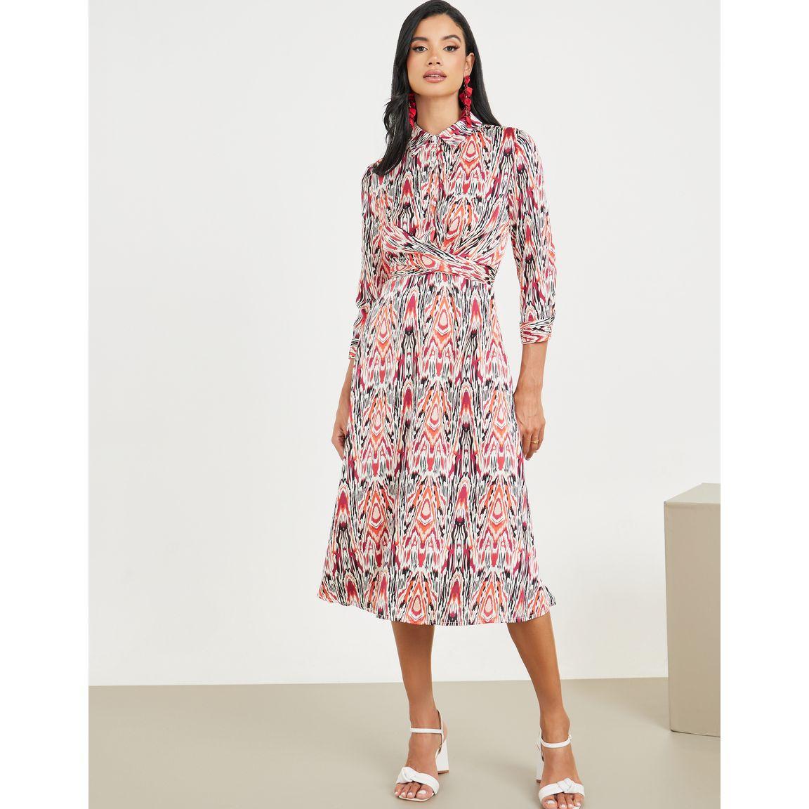 Styli Ikat Print Collared Tie Up Detail A-Line Midi Dress-women-clothing-dresses-image-1