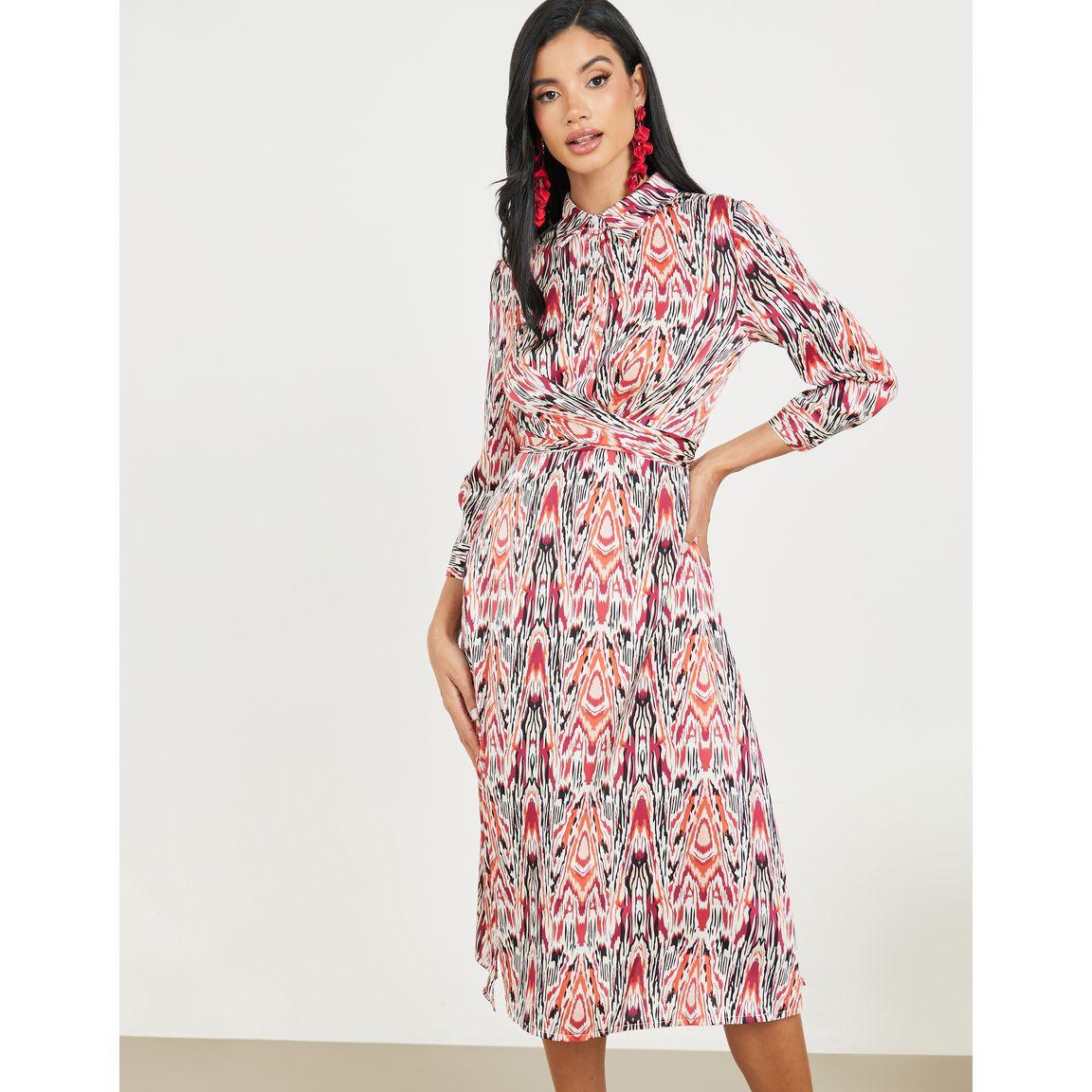 Styli Ikat Print Collared Tie Up Detail A-Line Midi Dress-women-clothing-dresses-image-2