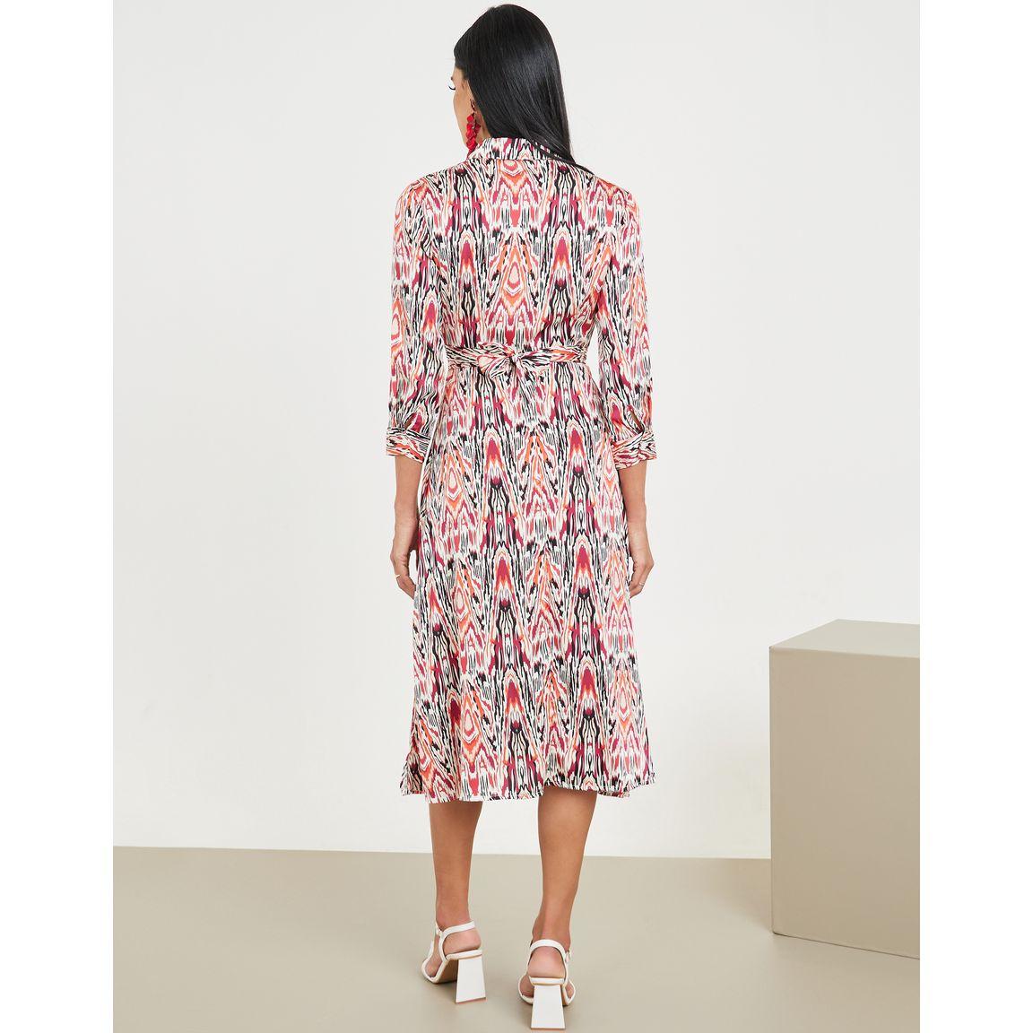 Styli Ikat Print Collared Tie Up Detail A-Line Midi Dress-women-clothing-dresses-image-4