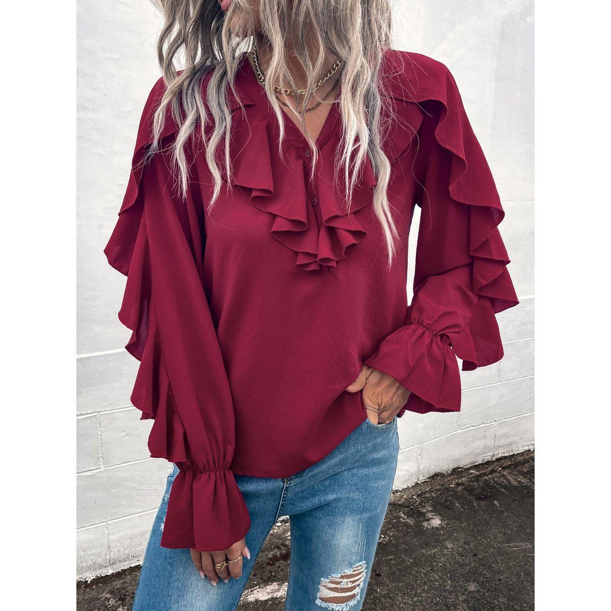 DY X Styli Ruffled Volume Sleeve V Neck Blouse-women-clothing-shirtsandblouses-blouses-image-3