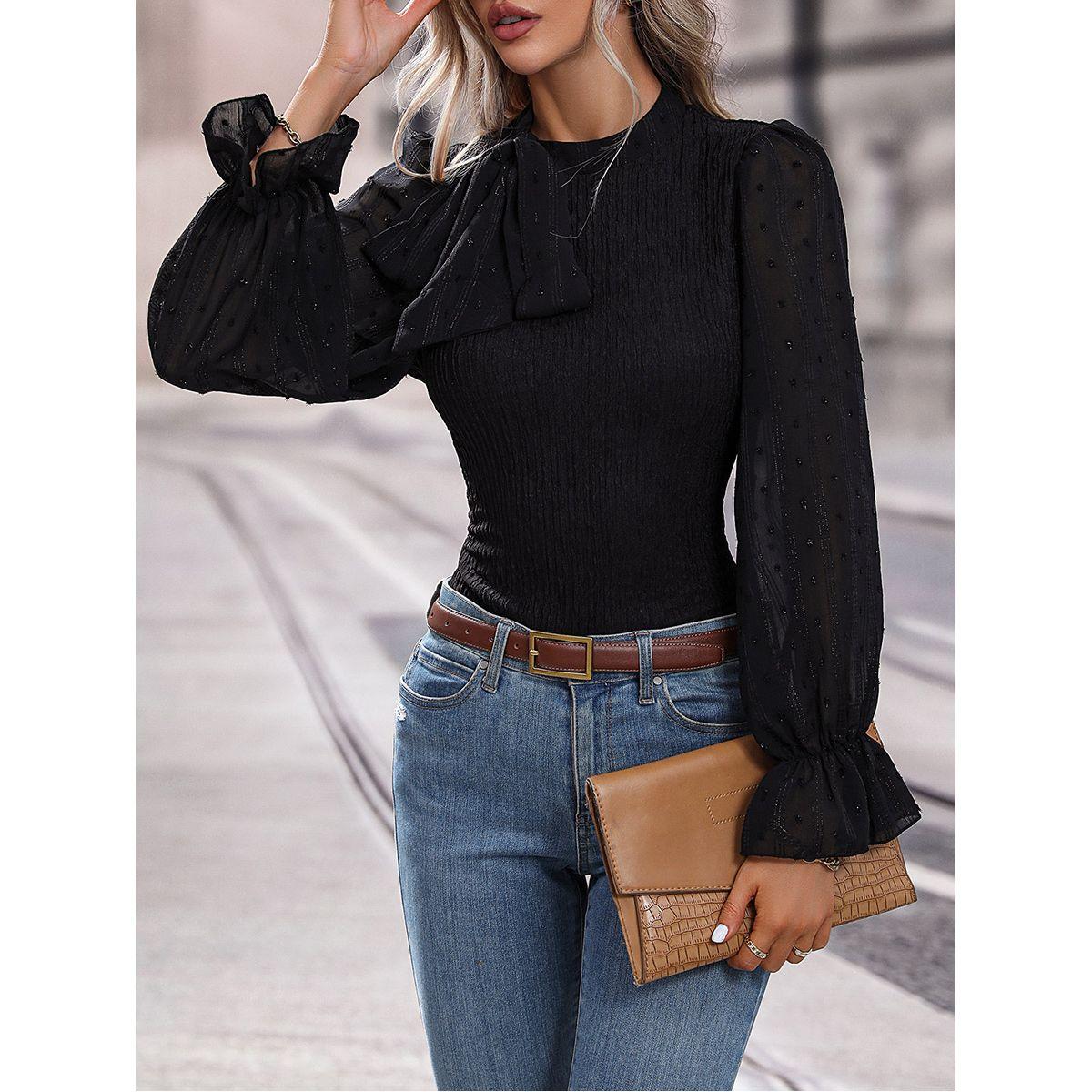 Bow Knot Detail Textured Blouse-women-clothing-shirtsandblouses-blouses-image-3