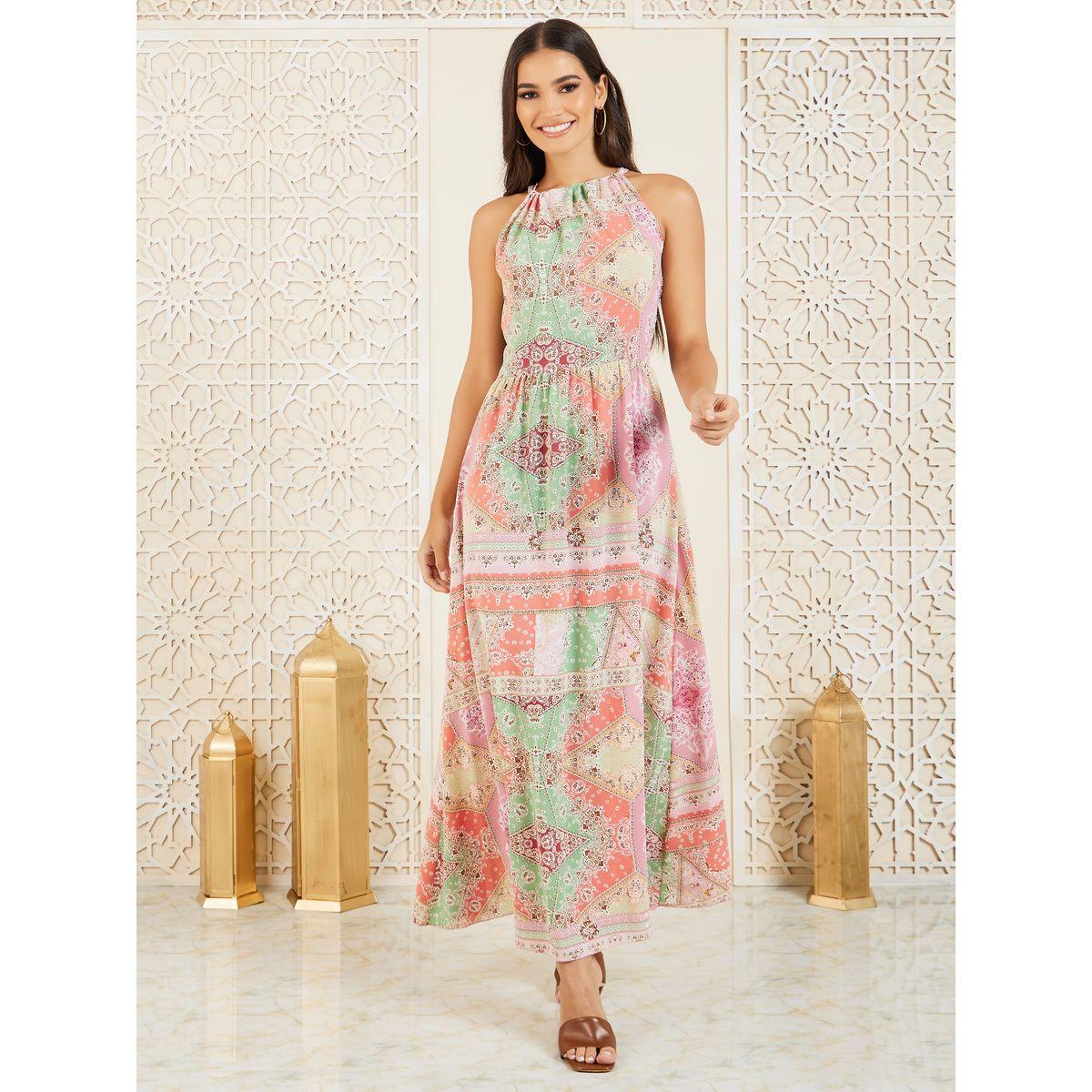 فستان طويل مطبع بالكامل مع ياقة هولتر-women-clothing-dresses-image-2
