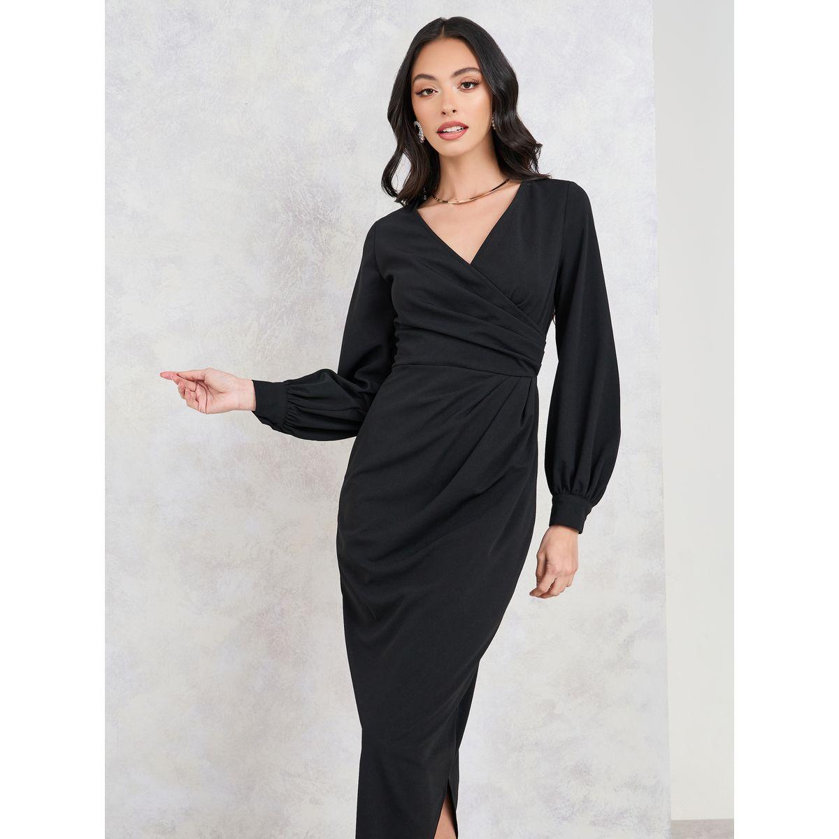 Styli Side Pleats Asymmetric Hem Midi Dress-women-clothing-dresses-image-2