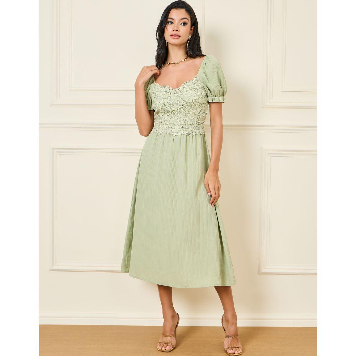Styli Lace Detail Puff Sleeves Midi A-Line Dress-women-clothing-dresses-image-1